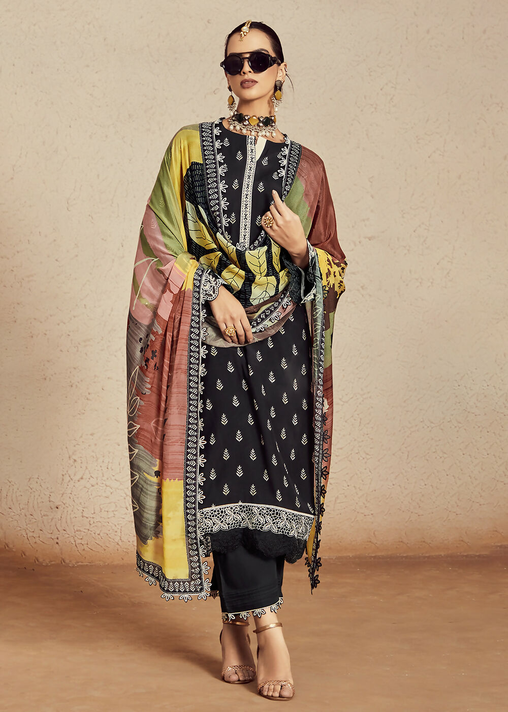 Muslin Cotton Black Digital Print & Embroidered Salwar Suit - Emponline - Distacart