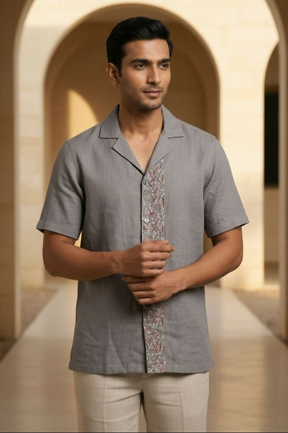 Driftstone — Grey Embroidered Linen Shirt by Hilo Design - Dista