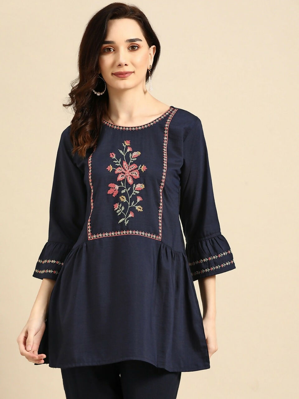 Women's Navy Blue Viscose blend Embroidered Short Top - Marina - Distacart