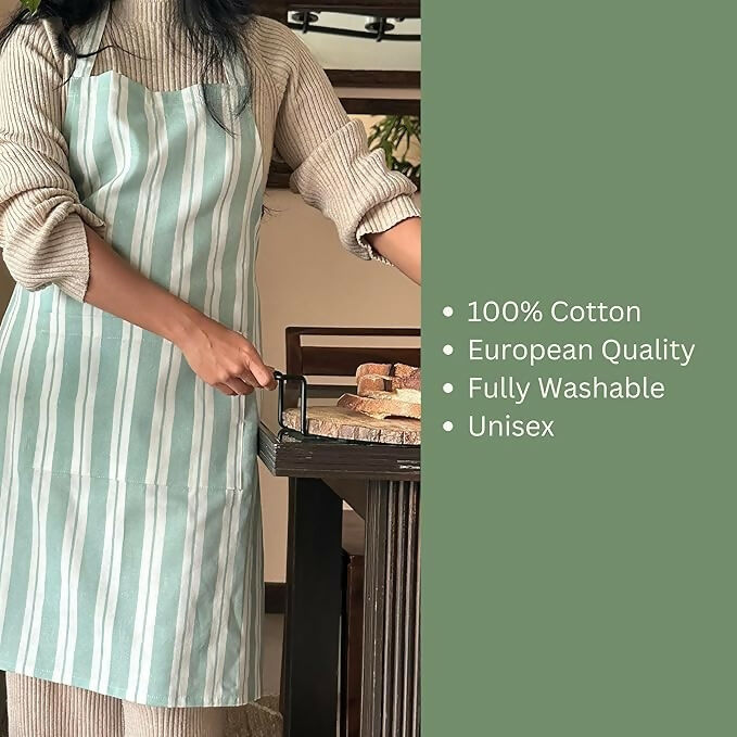 Oak & Lily 100% Cotton Kitchen Apron-Green Striped - Dista