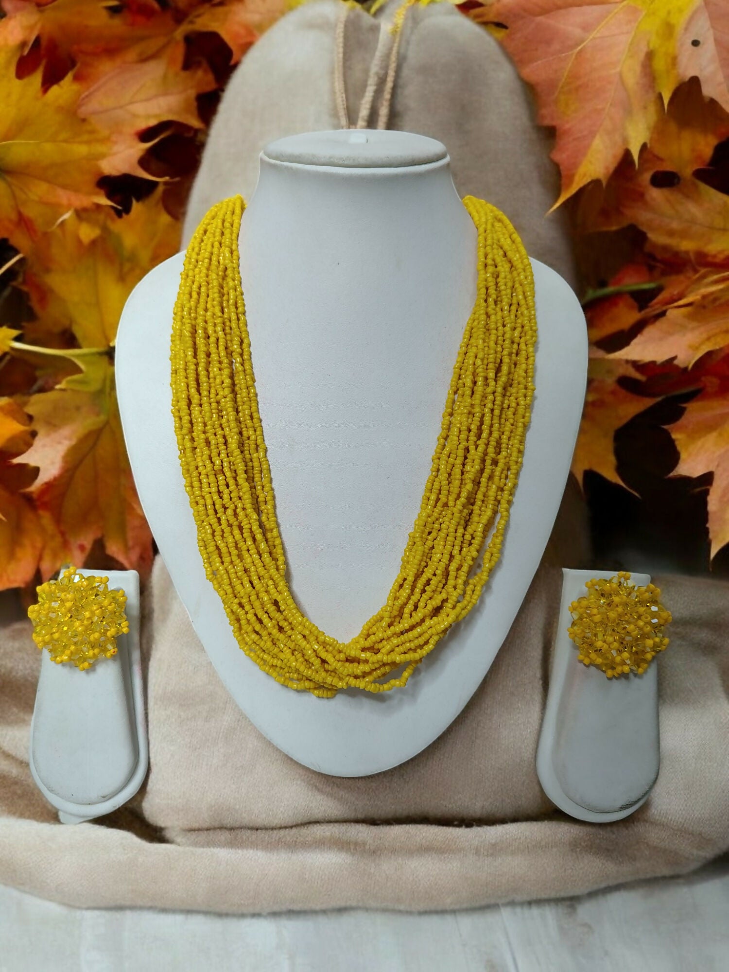 Inhanns Vibrant Handmade 20 Layers Beaded Necklace With Matching Earrings - Yellow - Distacart