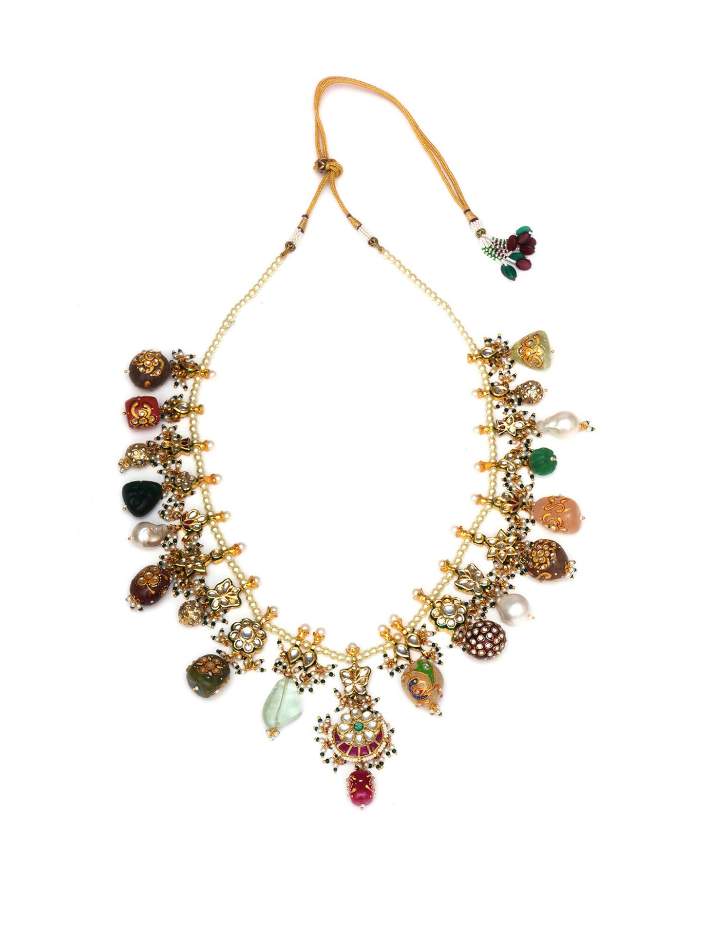 Long Kundan Neckpiece with Earrings with Multi Stones Jewellery Set (Gold) - Ruby Raang - Distacart