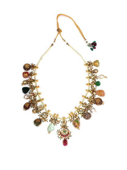 Long Kundan Neckpiece with Earrings with Multi Stones Jewellery Set (Gold) - Ruby Raang - Distacart