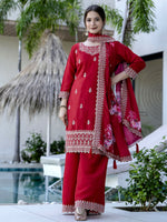 Thumbnail for The52 Red Women's Gorgeous Embroidered Vichitra Silk Fabric Straight Kurta, Sharara and Dupatta Set - Distacart
