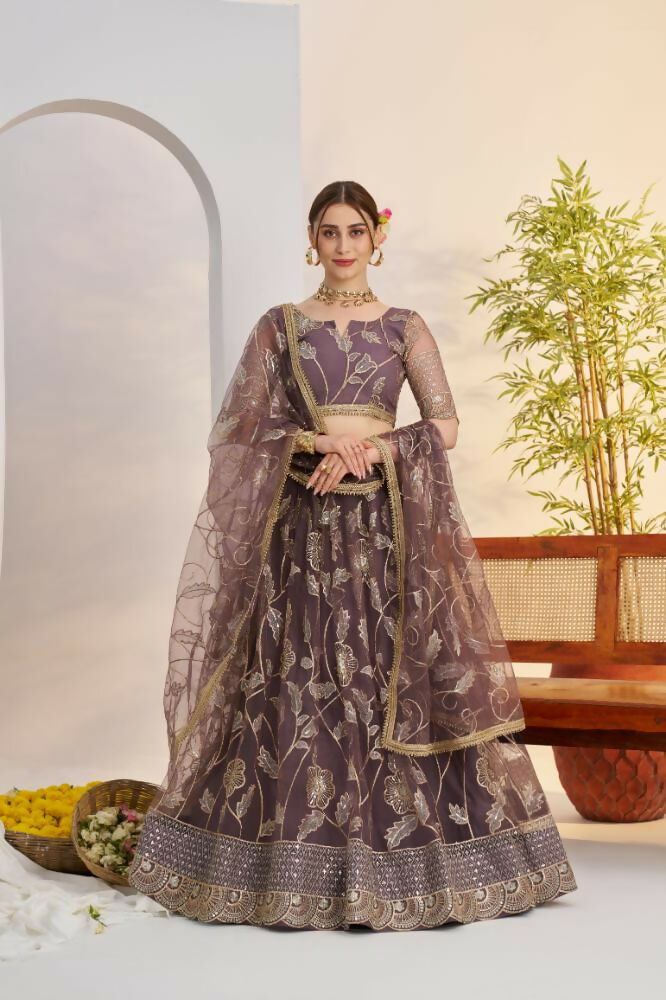 Aastha Fashion Dark Onion Butterfly Net Zari Work And Cotton Thread Work And Sequence Work Embroidery Wedding Wear Lehenga Choli - Distacart