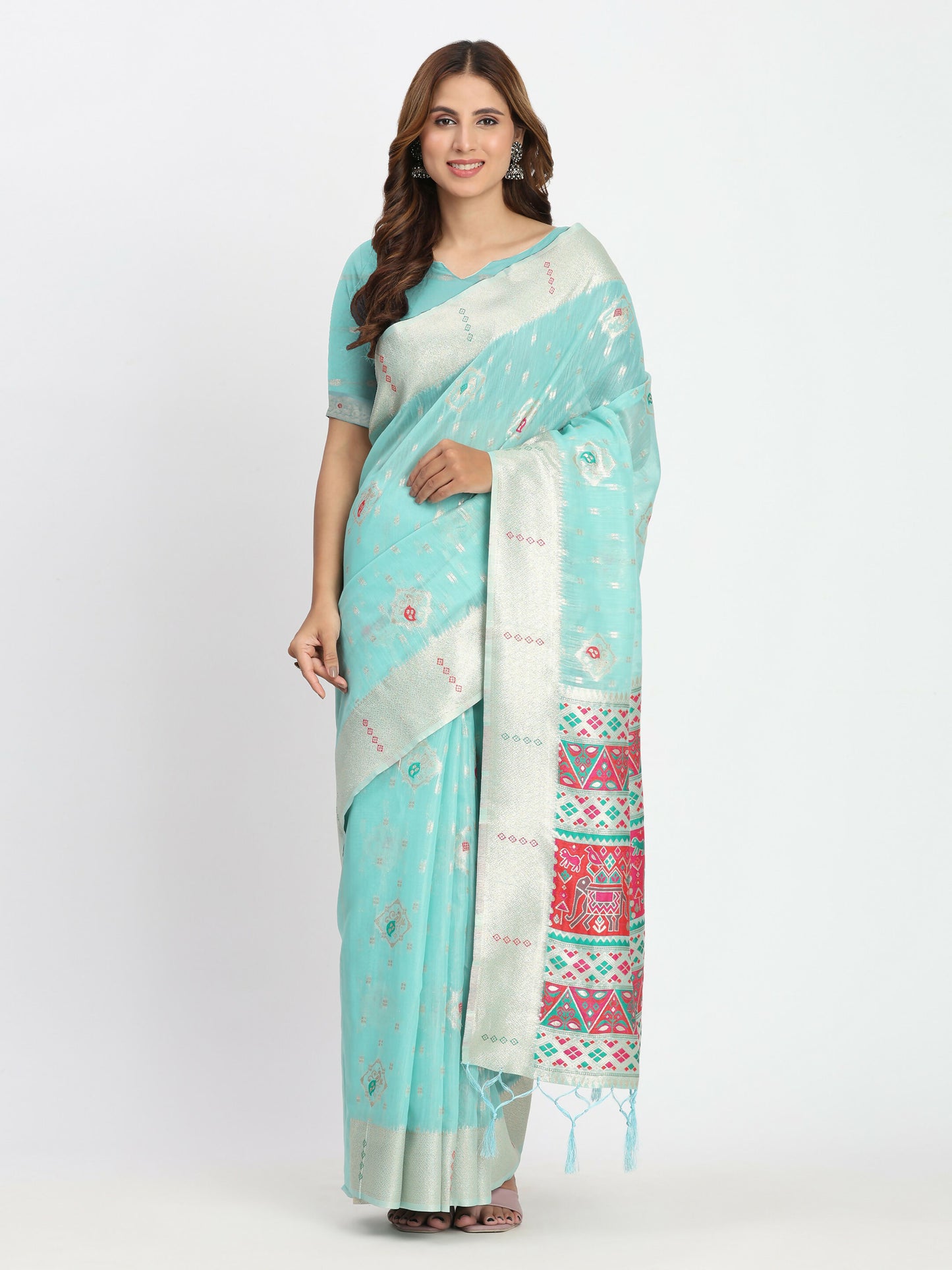 Shree Shyam Fashion Linen Cotton Sea Green Saree - Distacart