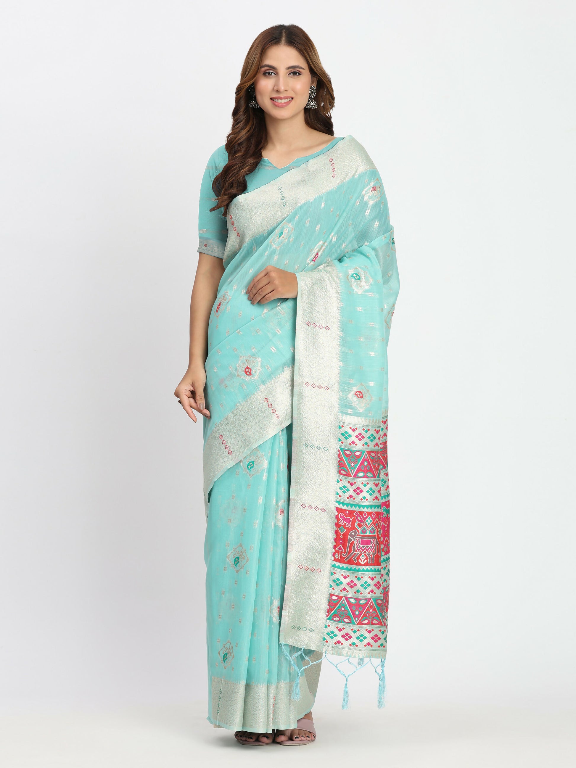 Shree Shyam Fashion Linen Cotton Sea Green Saree - Distacart
