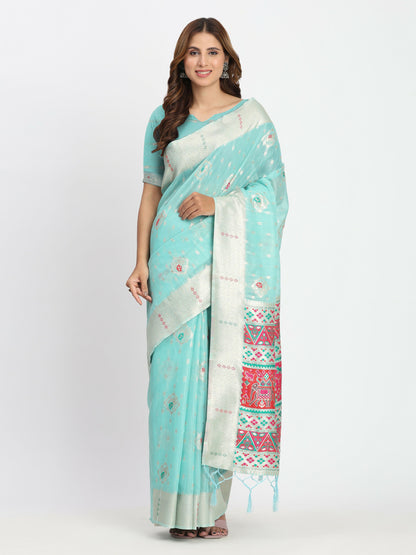 Shree Shyam Fashion Linen Cotton Sea Green Saree - Distacart