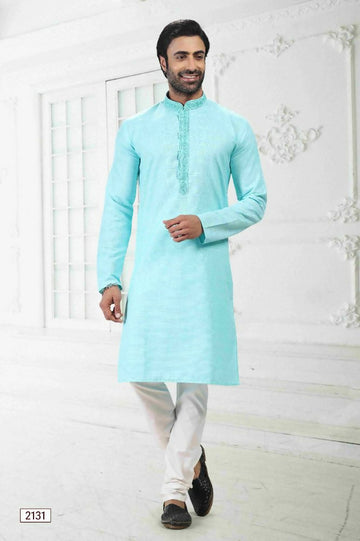 Raivat Ethnic Linen Cotton Thread Work Kurta Pajama In Sky Blue Colour - Dista