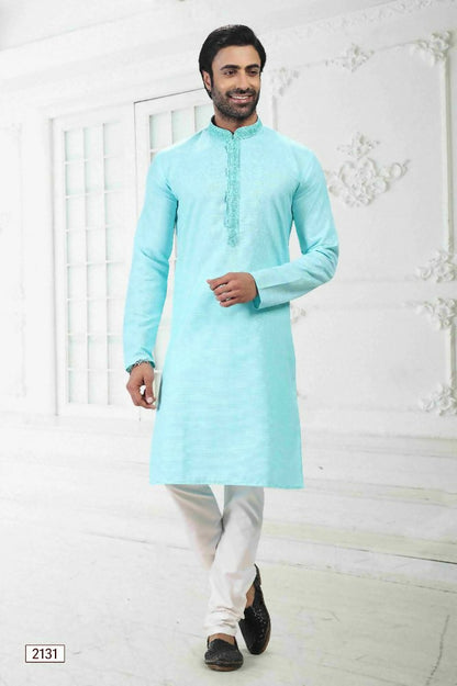 Raivat Ethnic Linen Cotton Thread Work Kurta Pajama In Sky Blue Colour - Dista