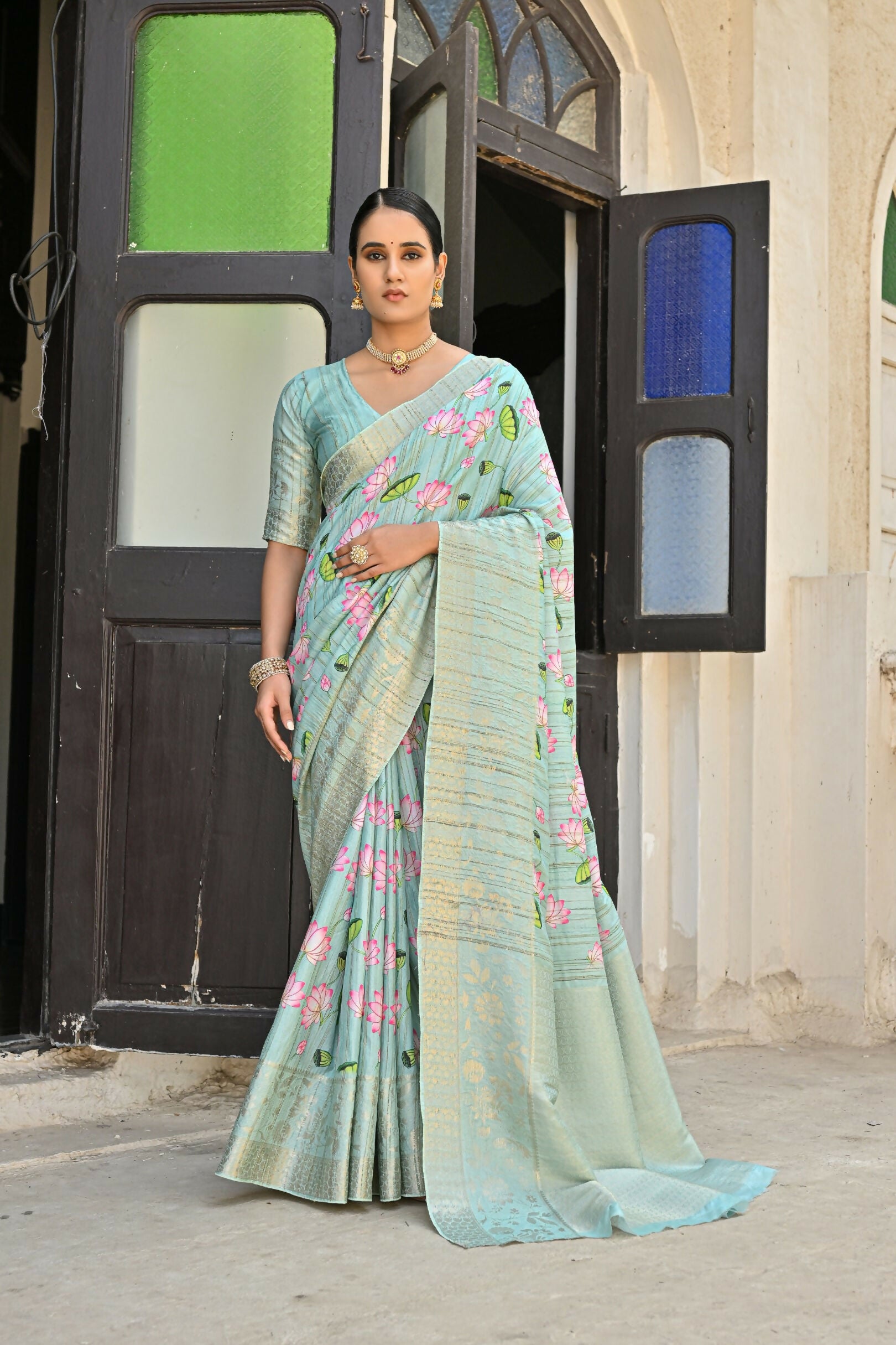 Vishnu Weaves Women's Sea-Green Banarasi Silk Saree with Blouse - Distacart