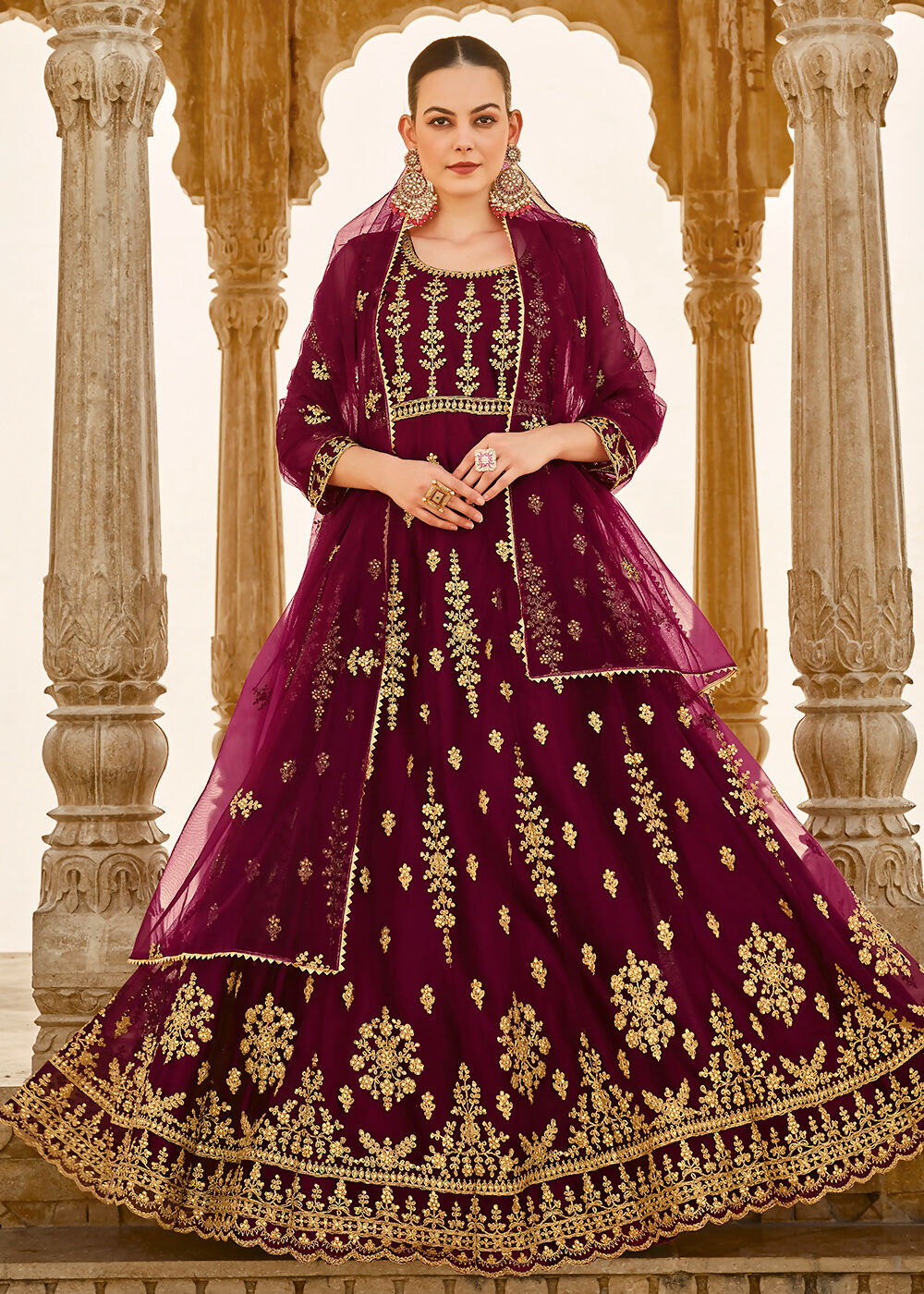 Heavy Stone Embroidered Wine Designer Anarkali Suit - Emponline - Distacart