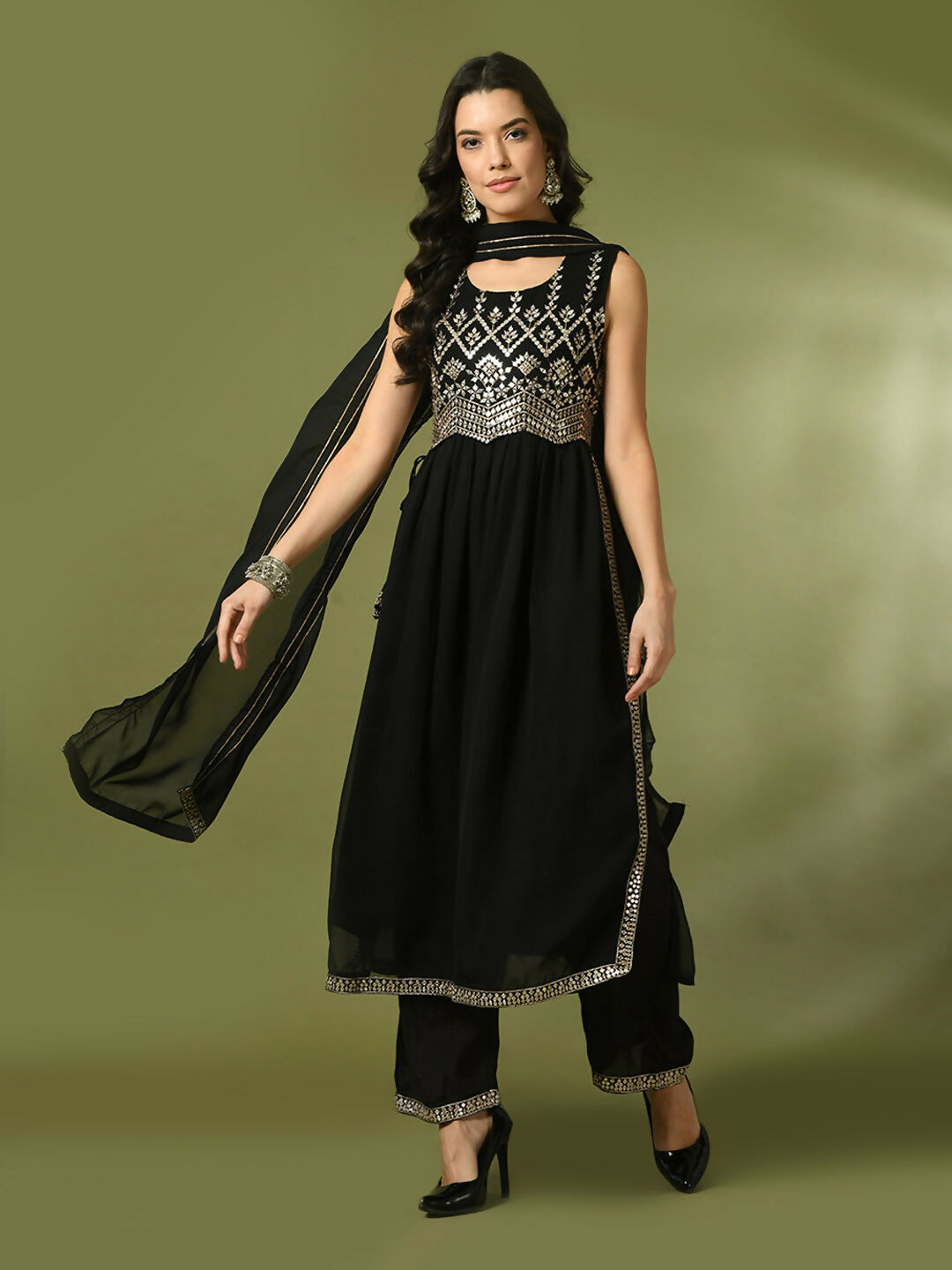 Myshka Women's Black Embroidered Georgette Anarkali Party Kurta Set With Dupatta - Distacart