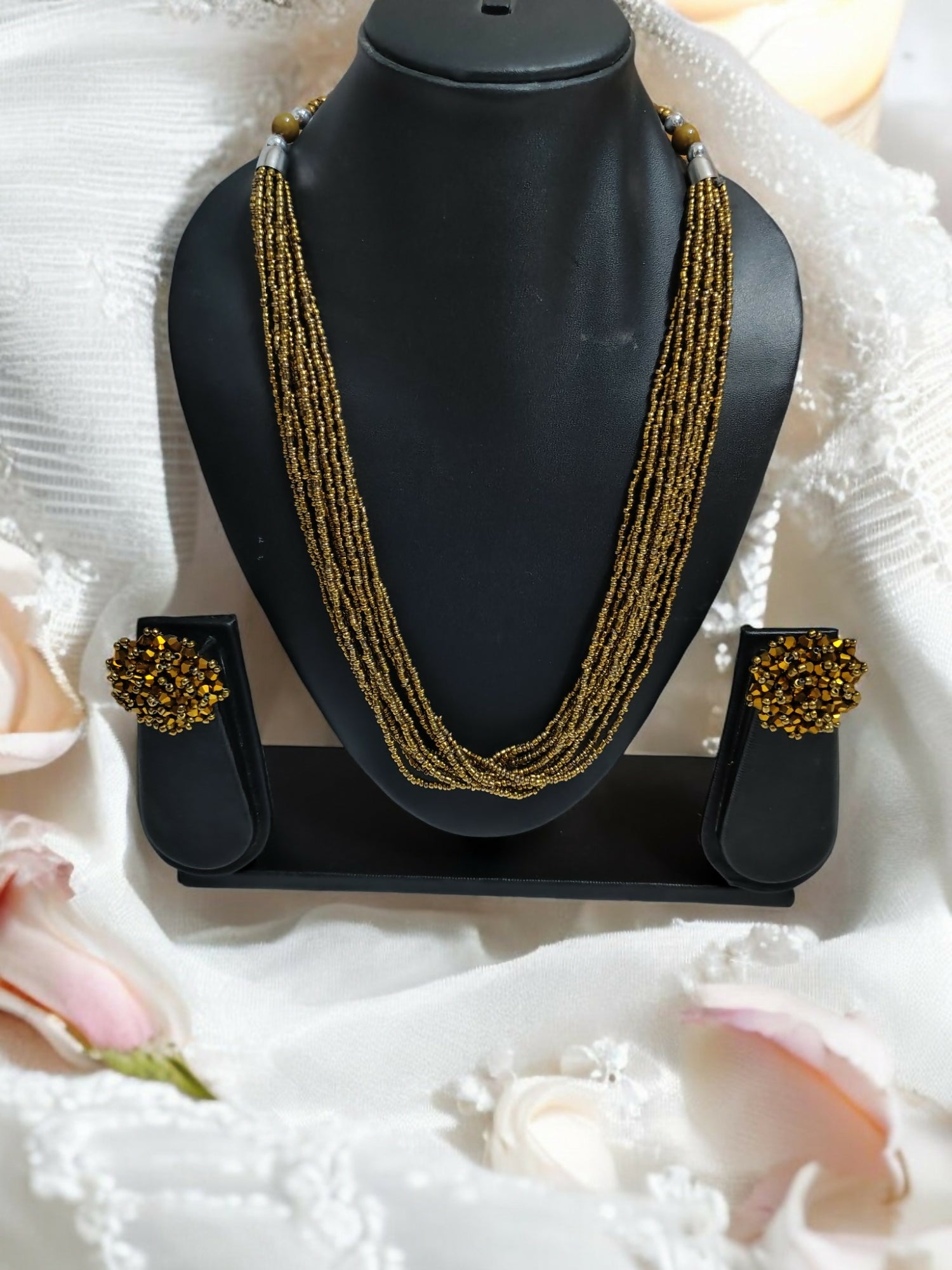 Inhanns Bloom Handmade Beaded Necklace With Earrings - 12 Layers - Golden Necklace Set - Distacart