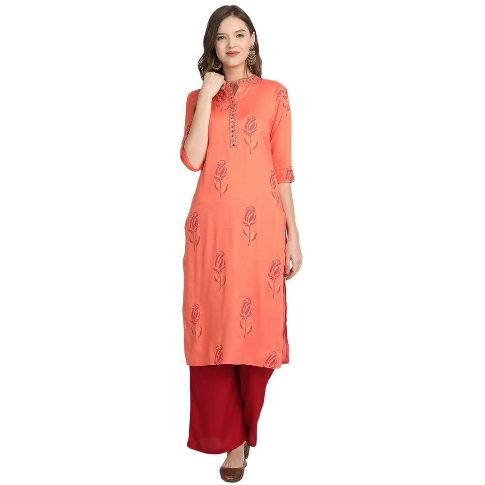 Anubhutee Women's Rayon Orange Printed Kurti with Palazzos - Distacart