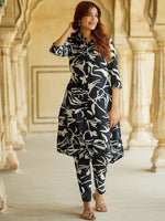 Thumbnail for Kalini Abstract Printed Shirt Collar Pure Cotton A-Line Kurta with Trousers - Distacart