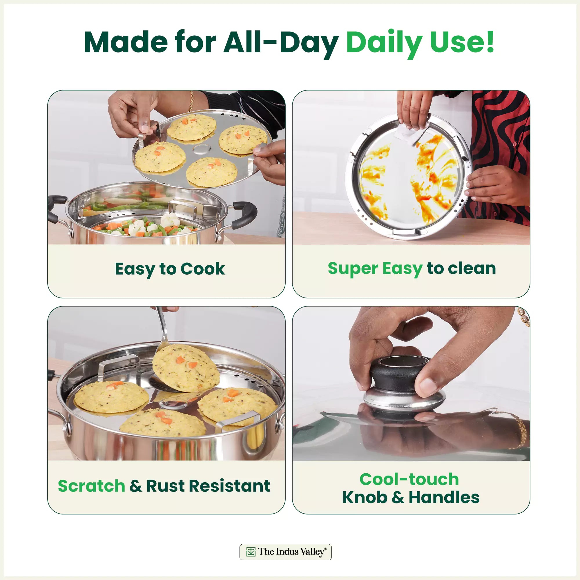 The Indus Valley 8 Pit Tri-Steel Multi Pot Premium Stainless Steel Idli/ Dhokla/ Momo Maker/ Veg Steaming Set, Tri-ply Induction Bottom, 5 Plates, 3L