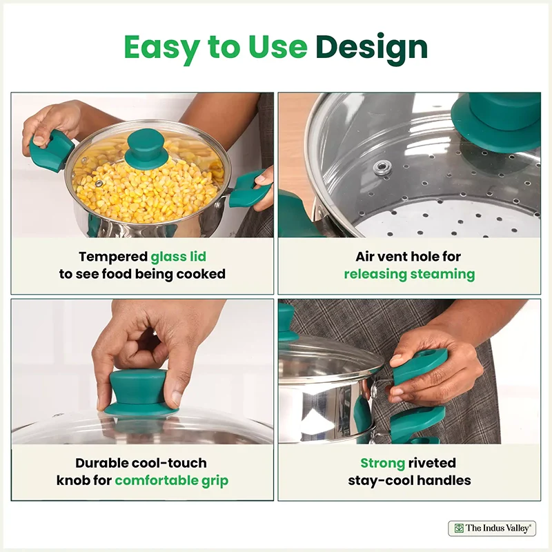 The Indus Valley Tri-steel Multi Cooker Pot Premium Stainless Steel Momo Maker/ Idiyappam/ Biryani/  Veg Steaming Set, 3 Pots, 21cm