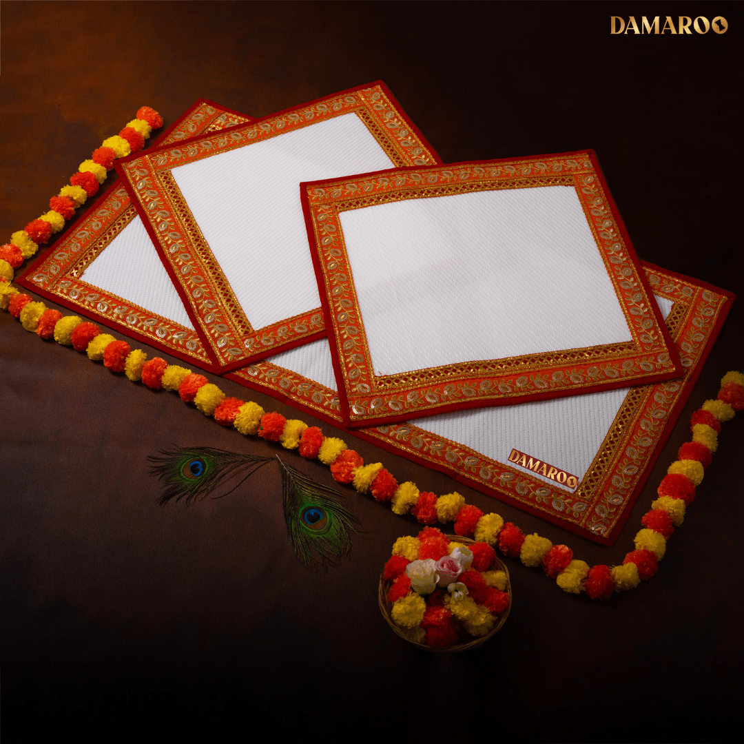 Damaroo Combo Pack of 3 | Opulent Nylon Puja Aasan & Mat | Orange Sequins Border - White - Distacart