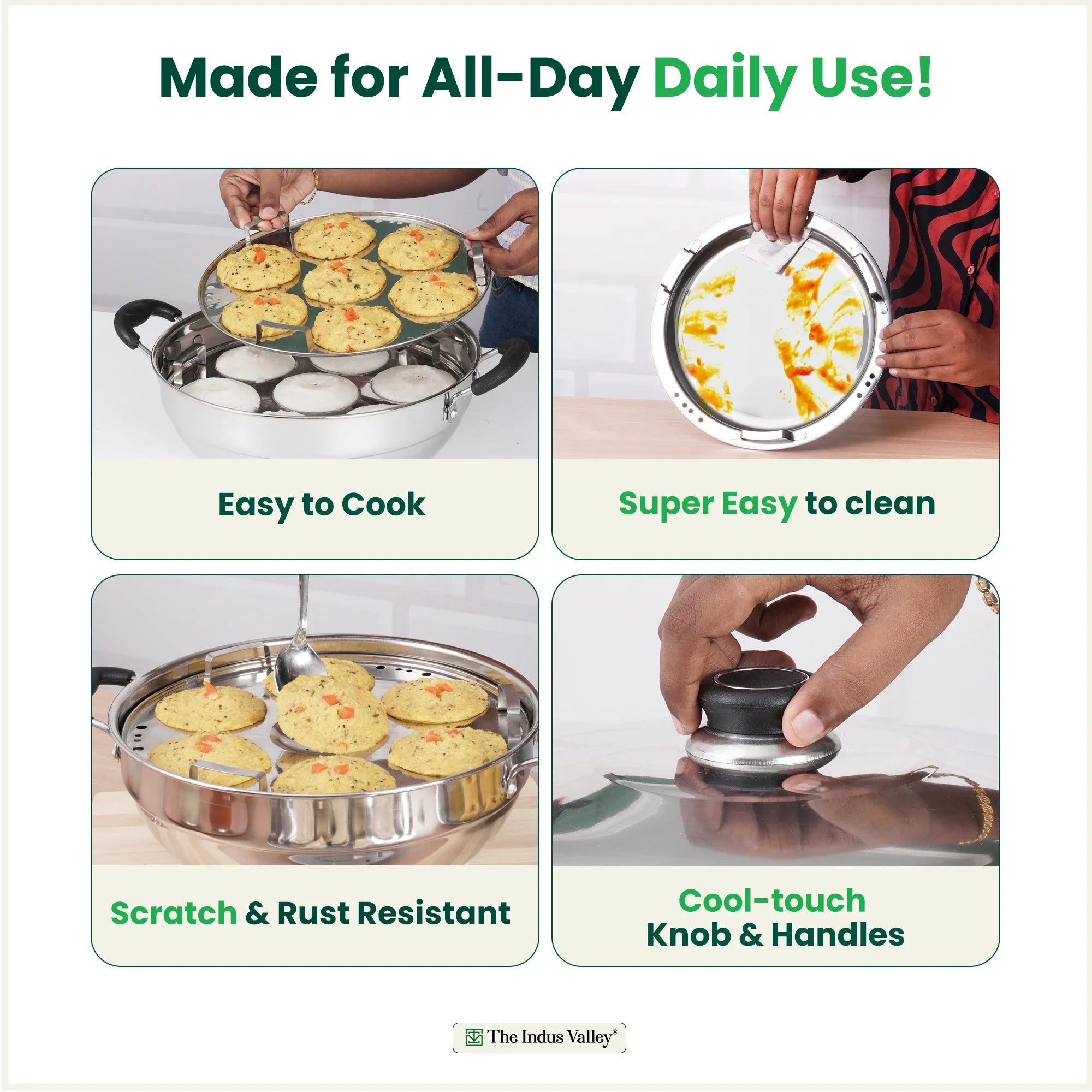 The Indus Valley 14 Pit Tri-Steel Multi Pot Premium Stainless Steel Idli/ Dhokla/ Momo Maker/  Veg Steaming Set, Tri-ply Induction Bottom, 5 Plates, 4.2L, 2.5kg