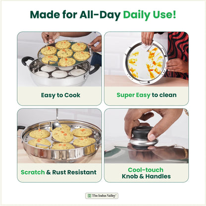 The Indus Valley 14 Pit Tri-Steel Multi Pot Premium Stainless Steel Idli/ Dhokla/ Momo Maker/  Veg Steaming Set, Tri-ply Induction Bottom, 5 Plates, 4.2L, 2.5kg - Distacart