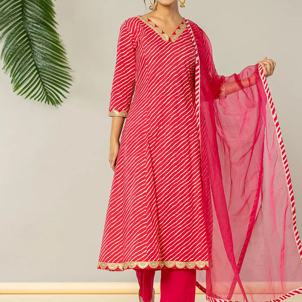 Yufta Pink Leheriya Print Cotton A-Line Suit Set - Distacart