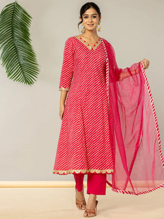 Yufta Pink Leheriya Print Cotton A-Line Suit Set - Distacart