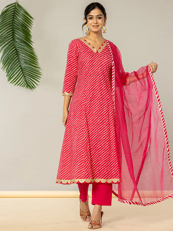 Yufta Pink Leheriya Print Cotton A-Line Suit Set