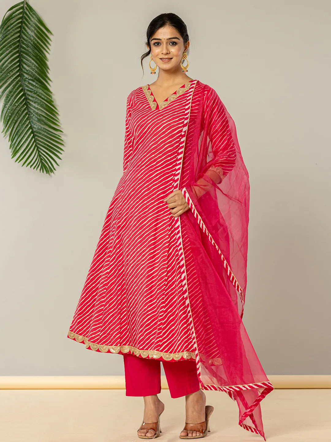 Yufta Pink Leheriya Print Cotton A-Line Suit Set - Distacart