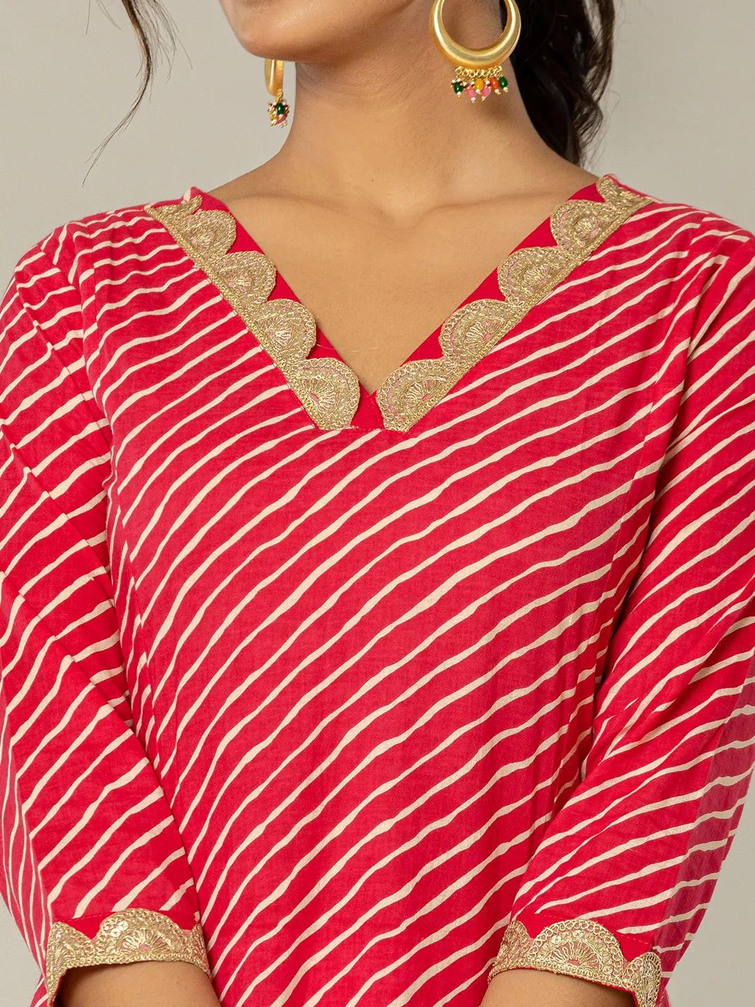 Yufta Pink Leheriya Print Cotton A-Line Suit Set