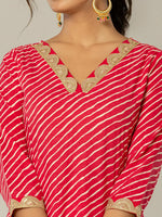Thumbnail for Yufta Pink Leheriya Print Cotton A-Line Suit Set