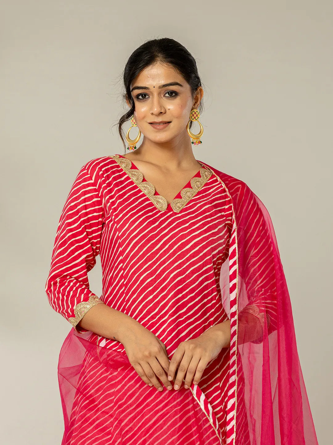 Yufta Pink Leheriya Print Cotton A-Line Suit Set