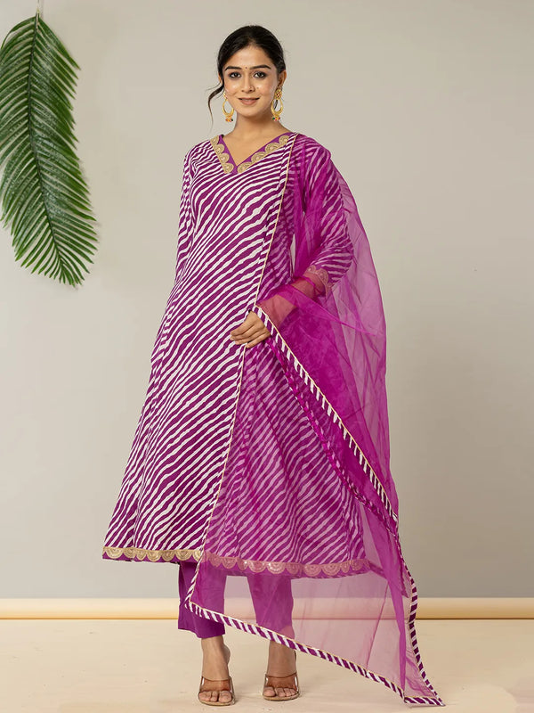Yufta Purple Leheriya Print Cotton A-Line Suit Set