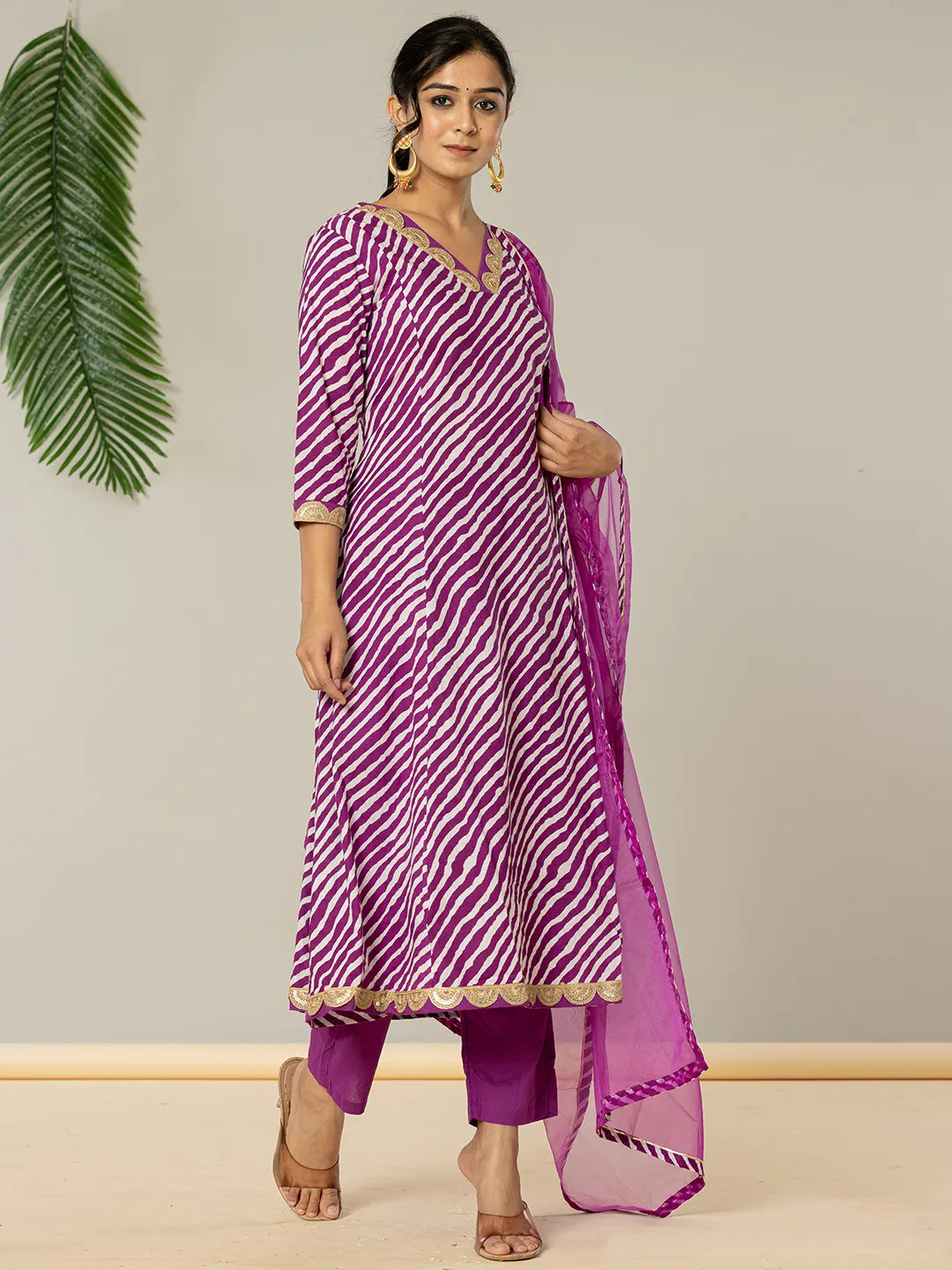 Yufta Purple Leheriya Print Cotton A-Line Suit Set - Distacart