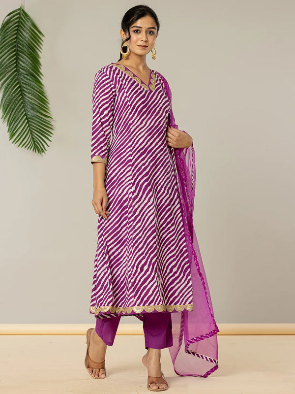 Yufta Purple Leheriya Print Cotton A-Line Suit Set