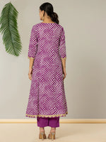 Thumbnail for Yufta Purple Leheriya Print Cotton A-Line Suit Set