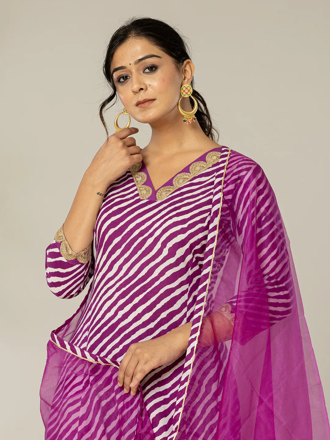 Yufta Purple Leheriya Print Cotton A-Line Suit Set