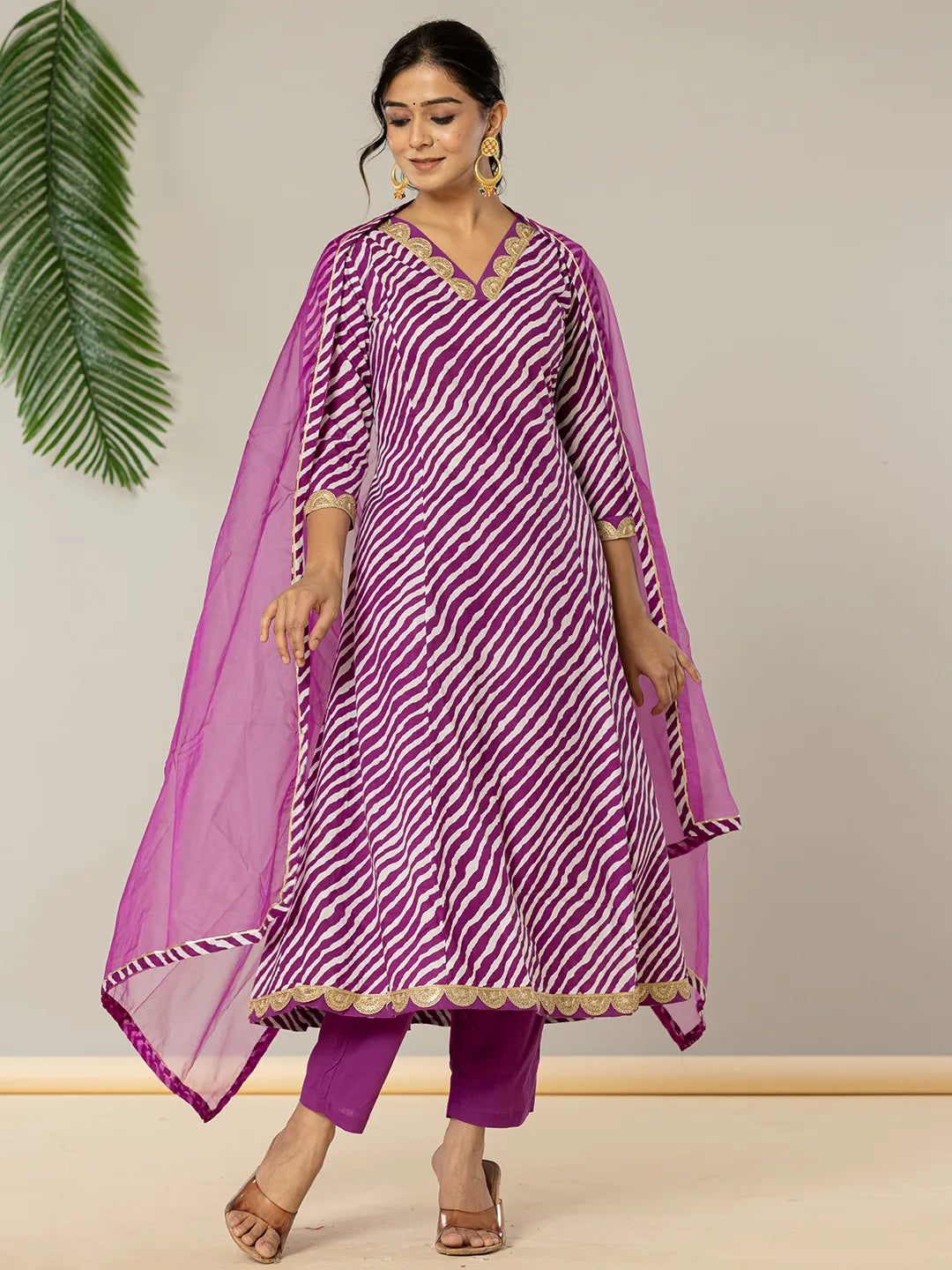 Yufta Purple Leheriya Print Cotton A-Line Suit Set