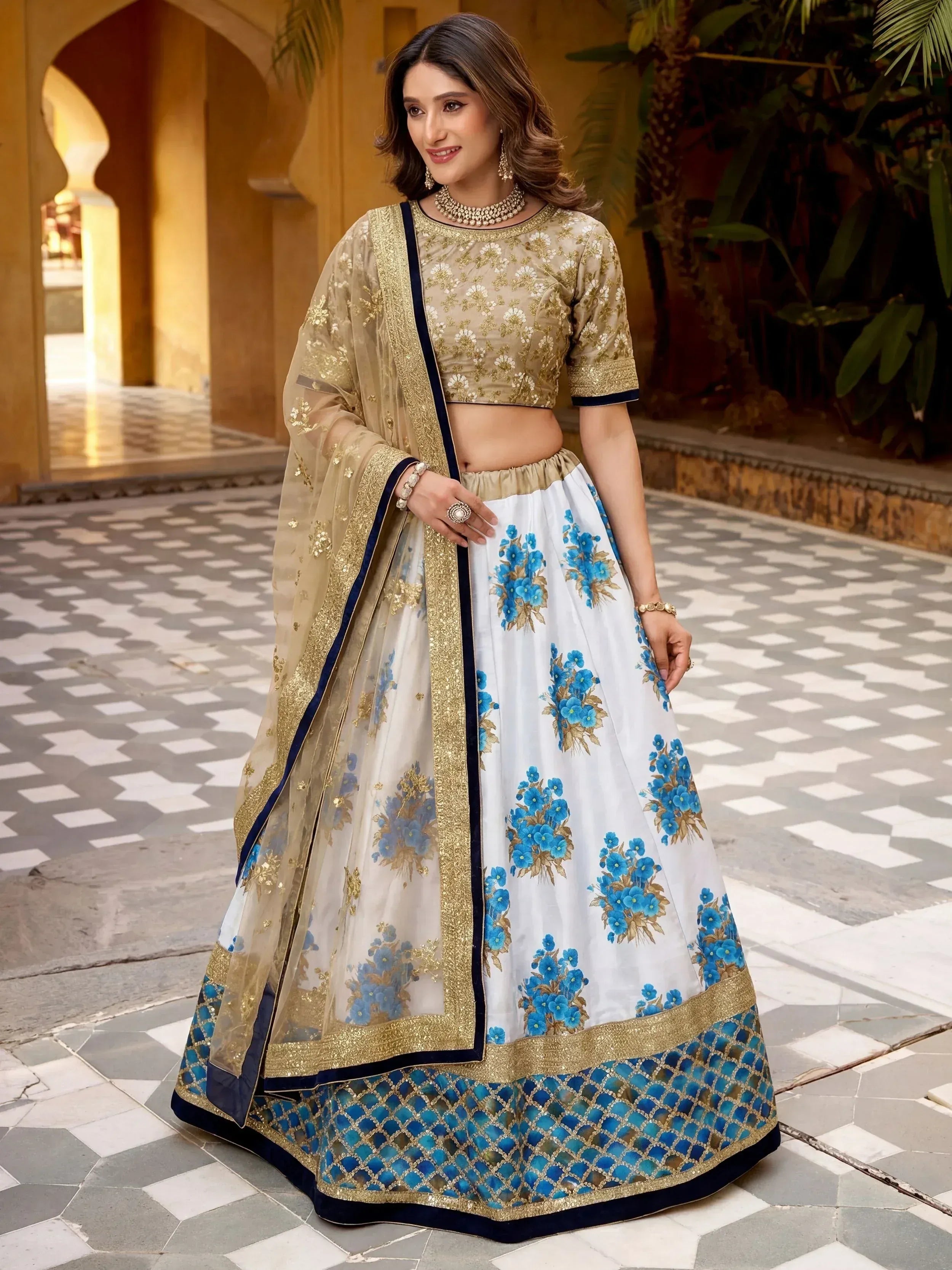 Tulsi Art Awesome Multi-Color Embroidered Silk Sangeet Wear Lehenga Choli - Dista