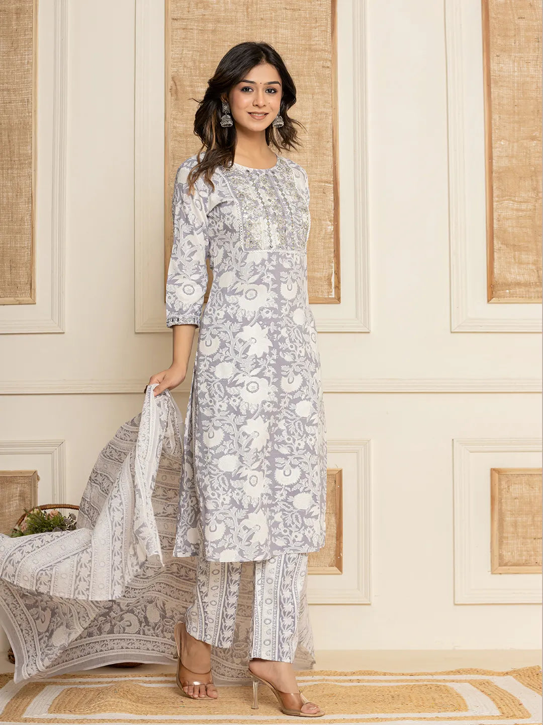 Yufta White Thread_Work Rayon Straight Kurta And Trouser With Dupatta - Distacart