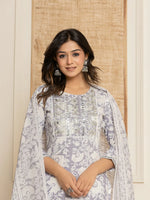 Thumbnail for Yufta White Thread_Work Rayon Straight Kurta And Trouser With Dupatta - Distacart
