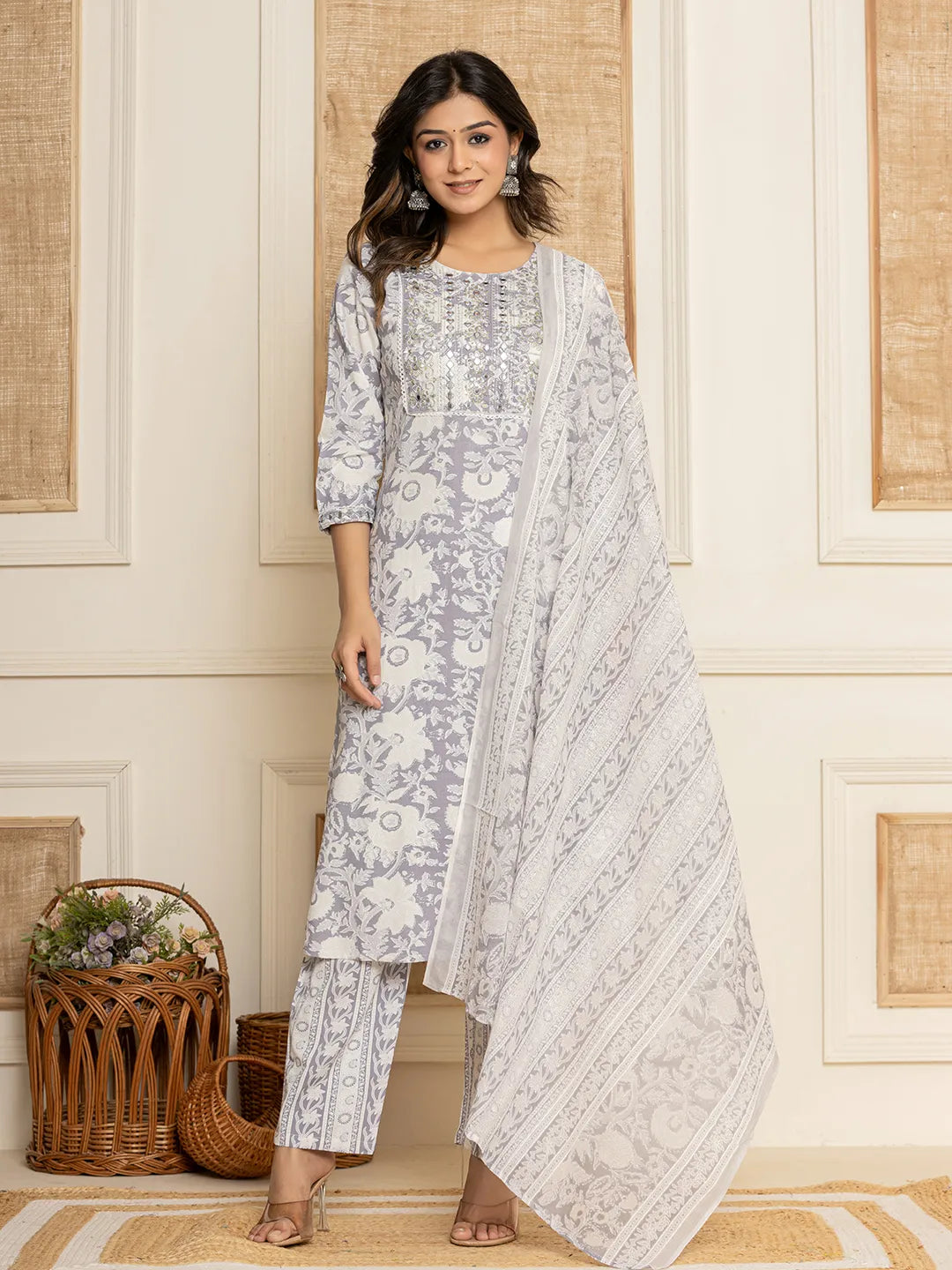 Yufta White Thread_Work Rayon Straight Kurta And Trouser With Dupatta - Distacart