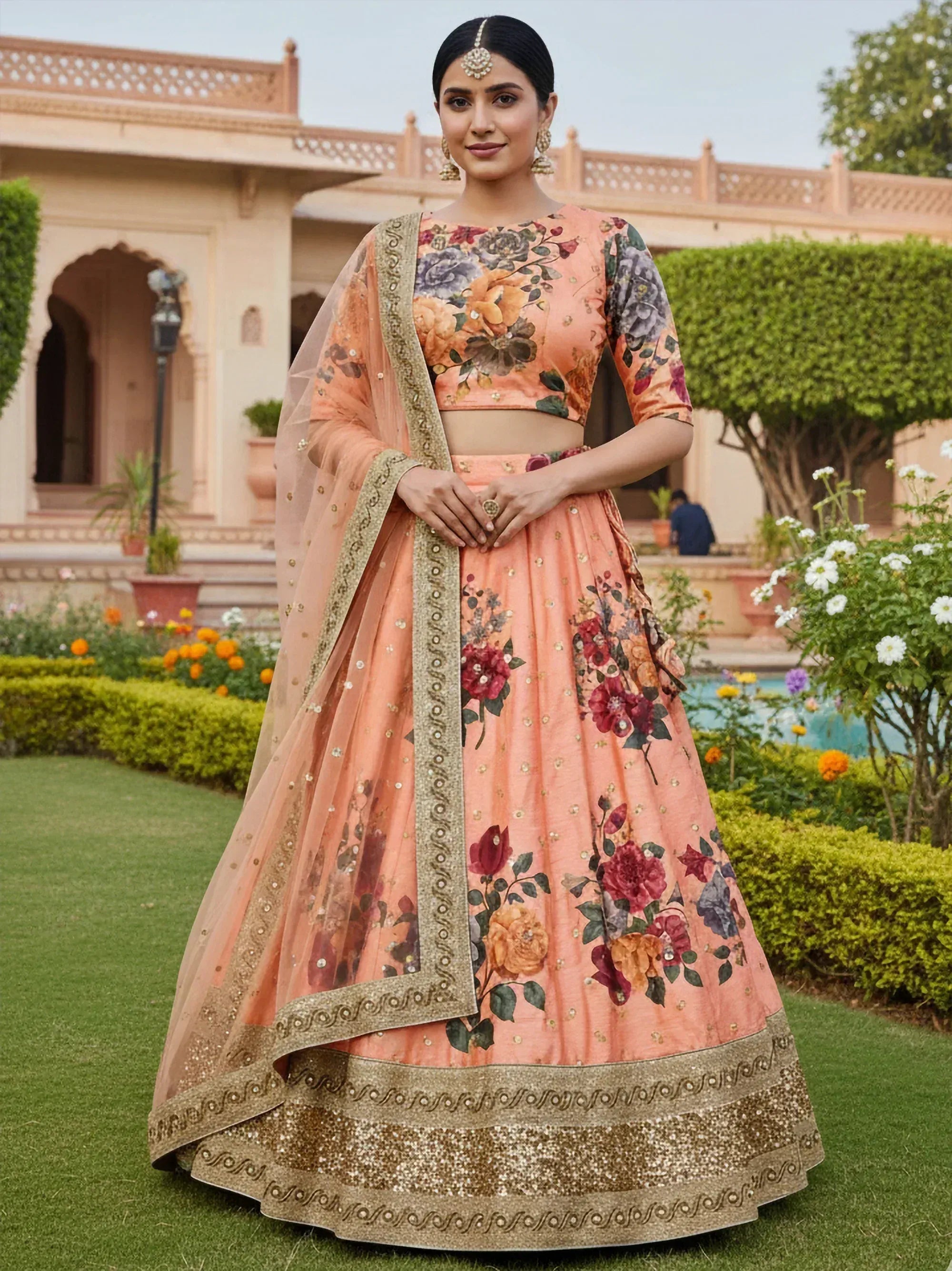 Tulsi Art Gorgeous Peach Floral Printed Art Silk Lehenga Choli With Dupatta - Dista