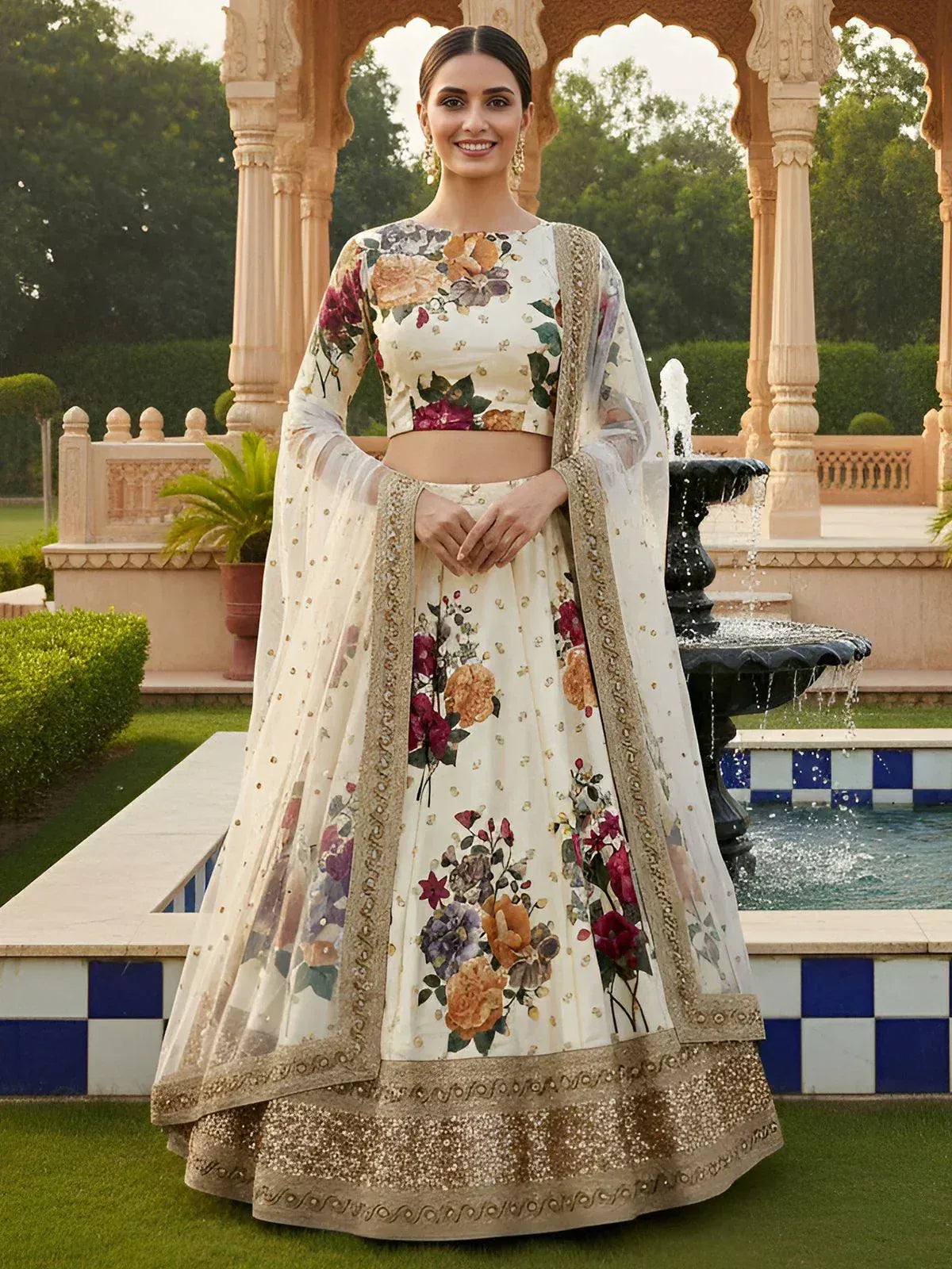 Tulsi Art Fabulous Cream Floral Printed Silk Wedding Lehenga Choli With Dupatta - Dista