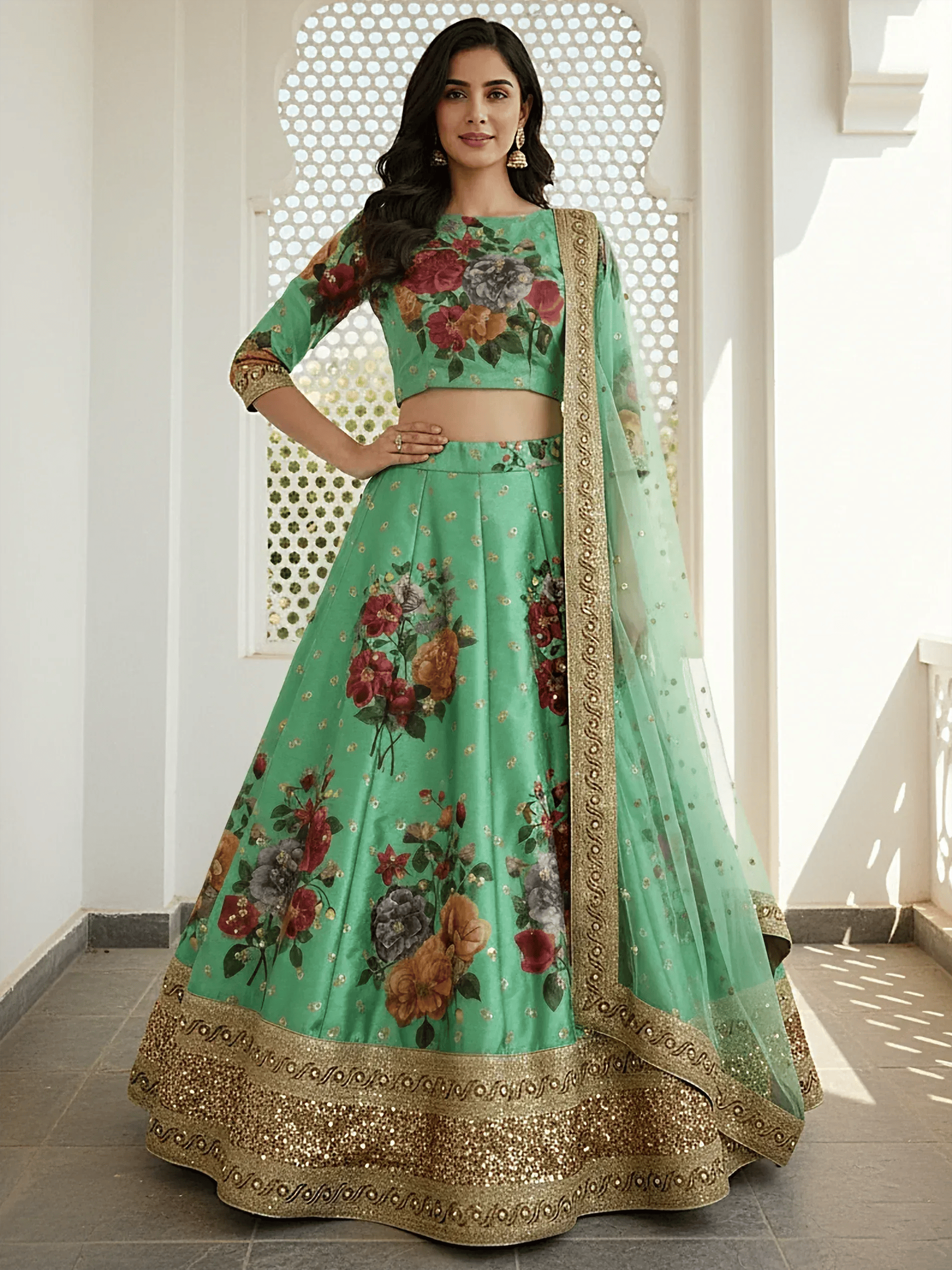 Tulsi Art Amazing Green Floral Printed Silk Traditional Lehenga Choli With Dupatta - Dista