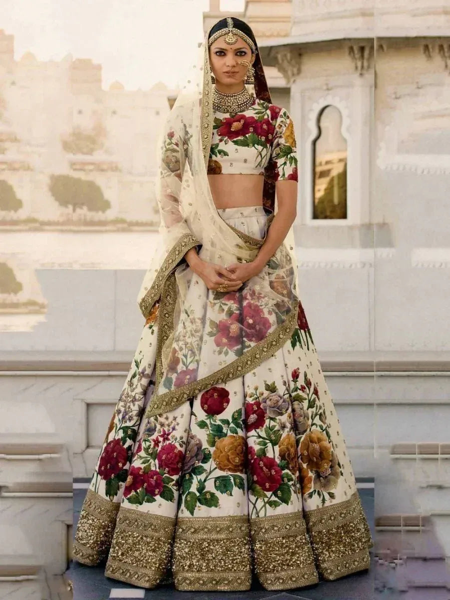 Tulsi Art Cream Floral Digital Printed Art Silk Bridal Lehenga Choli - Dista