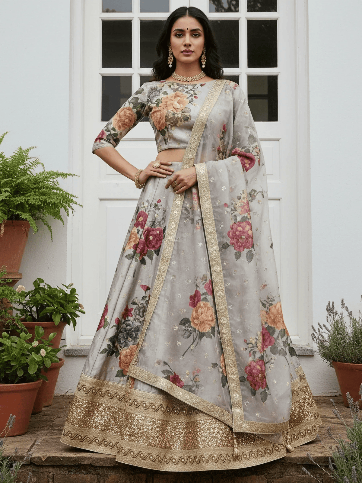 Tulsi Art Awesome Gray Floral Printed Art Silk Lehenga Choli With Dupatta