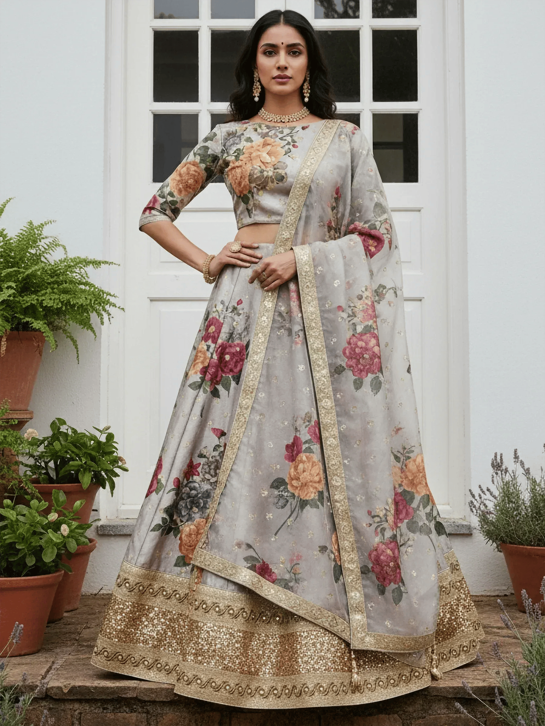 Tulsi Art Awesome Gray Floral Printed Art Silk Lehenga Choli With Dupatta - Dista