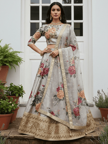 Tulsi Art Awesome Gray Floral Printed Art Silk Lehenga Choli With Dupatta - Dista