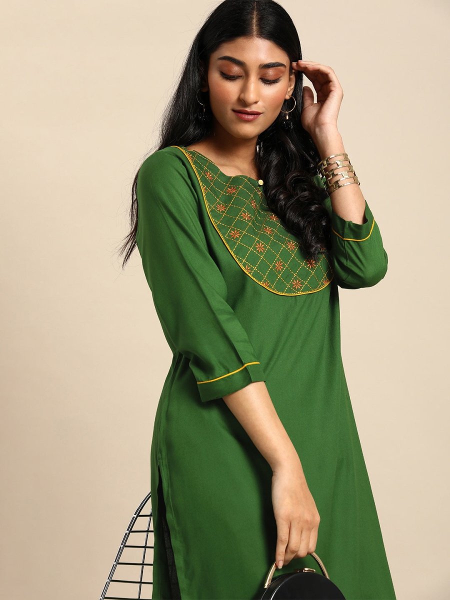 All About You Women Green Ethnic Motifs Yoke Design Keyhole Neck Straight Kurta - Distacart